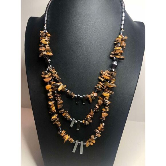 821 Tiger's eye chip hematite layer vintage necklace 18" - Picture 1 of 2
